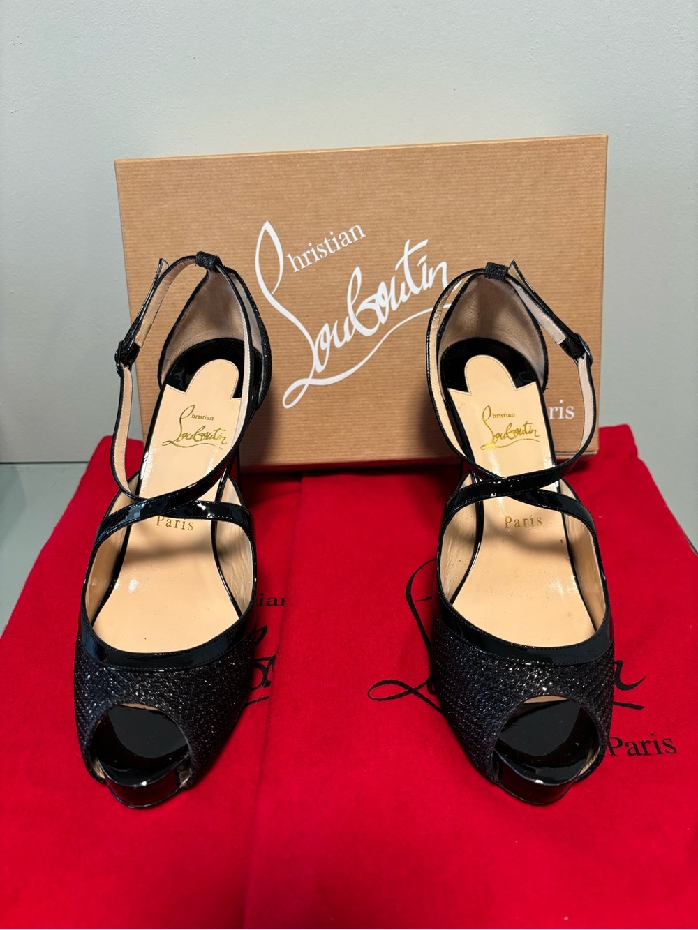 Christian Louboutin Black Glitter Peep-Toe Ankle-Strap Heels with Patent Trim